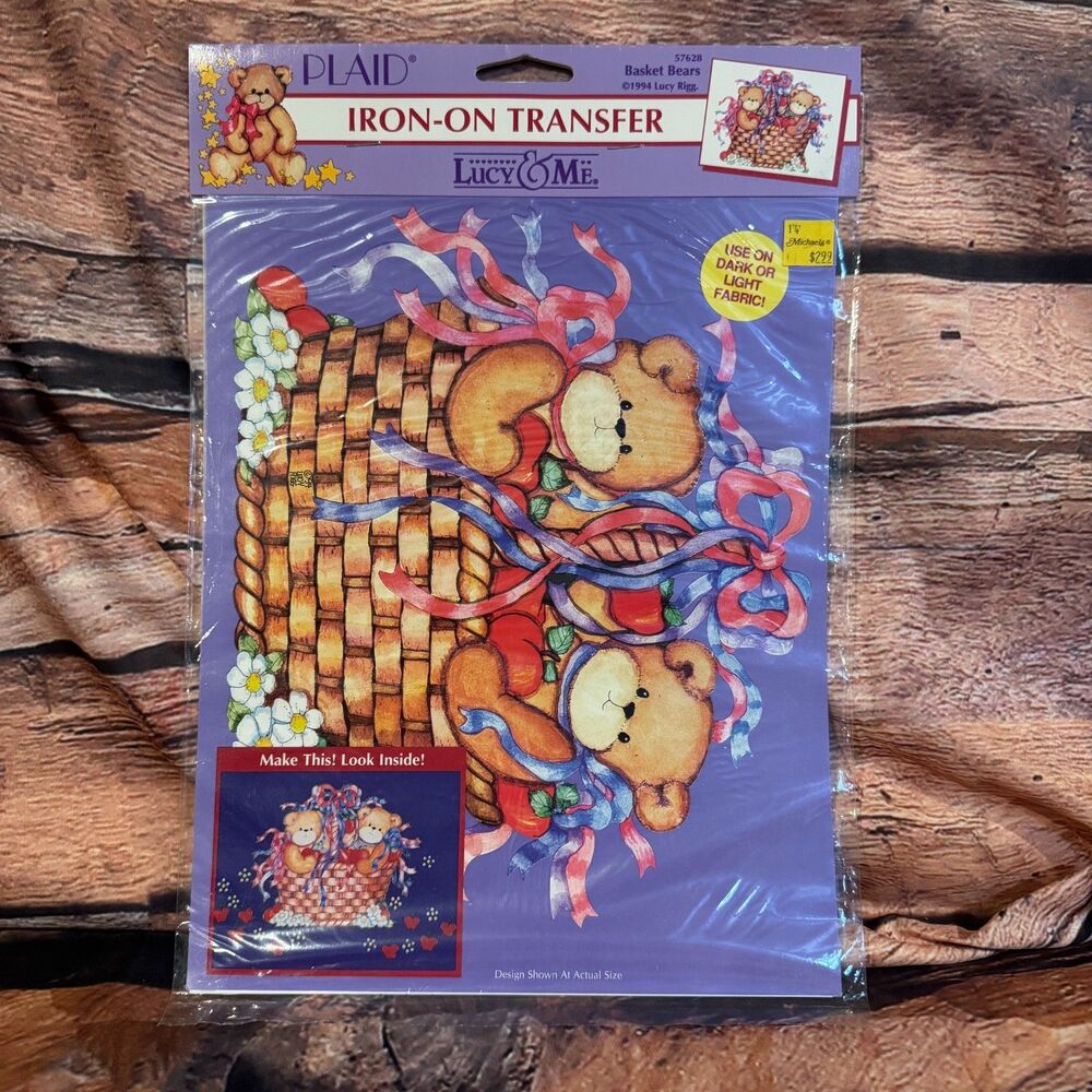 Vintage 1994 Lucy & Me Basket Bears Iron-On Transfer Plaid 57628 Lucy Rigg NIP